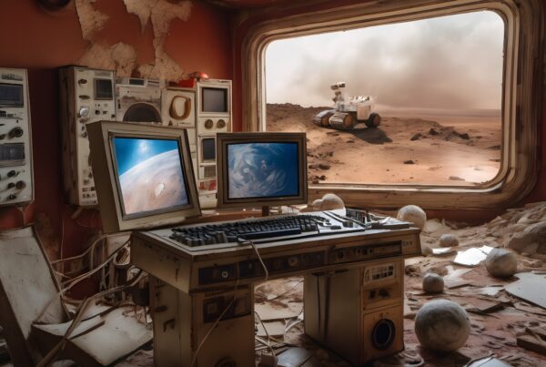 Abandoned control room on Mars with dusty technology and a distant rover seen through the window.
