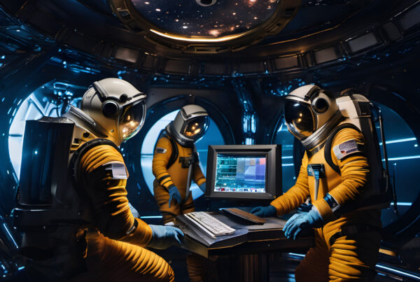 Astronauts Analyze Data in Futuristic Spacecraft