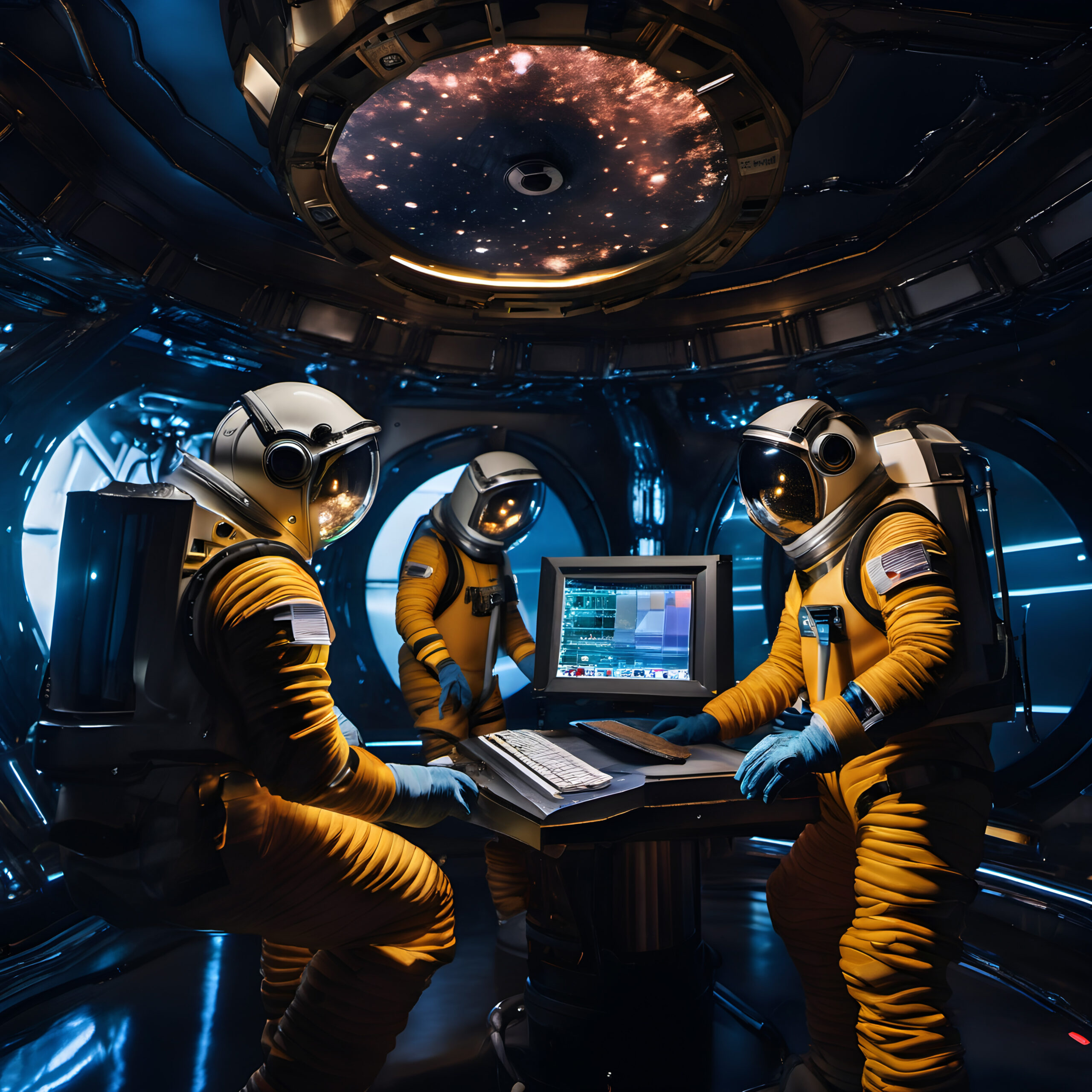 Astronauts Analyze Data in Futuristic Spacecraft
