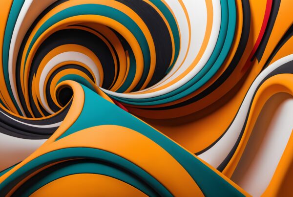 A vibrant, swirling abstract design with bold colors and dynamic movement.