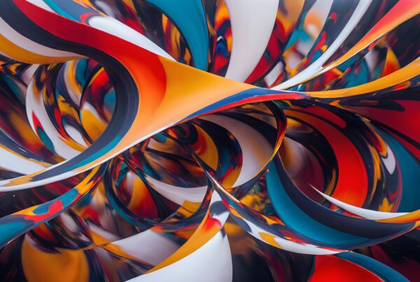 Abstract vibrant swirls with bold colors and glossy sheen.