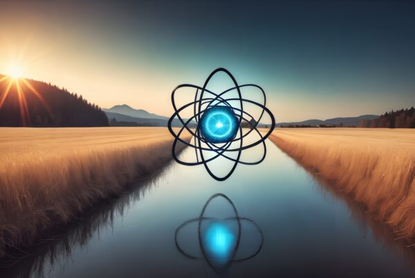 An ethereal landscape blends science and nature with a glowing atomic structure against a serene wheat field and reflective river.