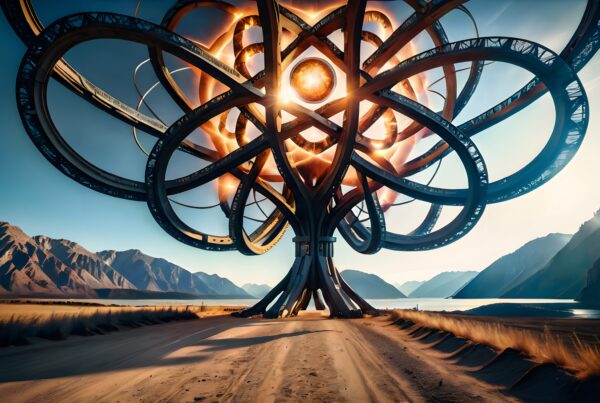 A large futuristic structure with metallic loops and a glowing orb set in a desert landscape with mountains.