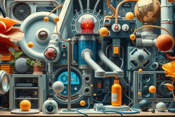 A high-tech futuristic machine environment with orange flowers and metallic elements.