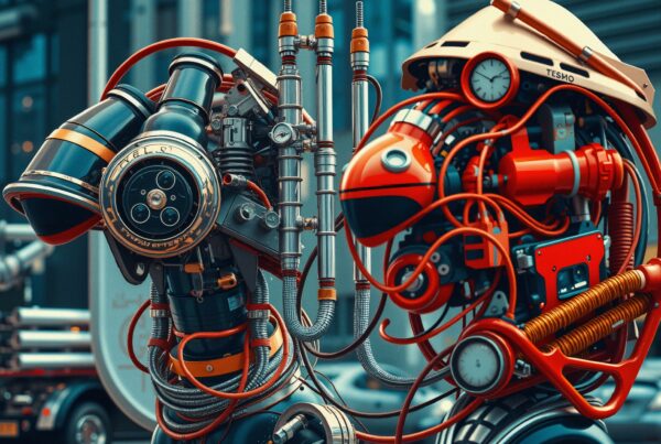 Two futuristic robots with intricate designs interacting in a city setting, showcasing advanced technology and industrial aesthetics.
