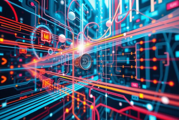 A vibrant digital network of interconnected circuits with glowing neon colors suggesting rapid data movement.