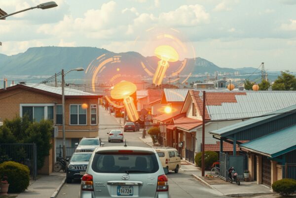 A quiet suburban street with glowing digital keys in the sky, blending reality and digital elements.