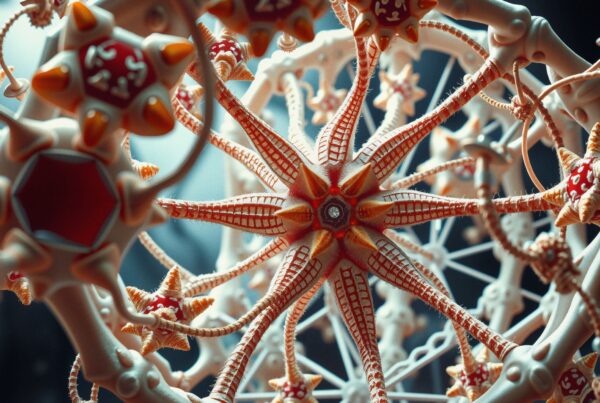 Intricate geometric structure with star-like patterns in vibrant orange and red tones on a blue background.