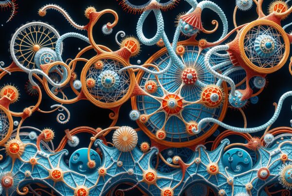 A surreal mechanical scene with interconnected colorful structures on a dark background.