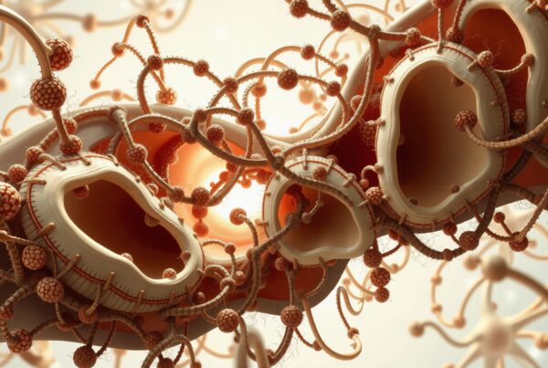 Abstract structure resembling a microscopic network with intricate organic elements in warm colors.