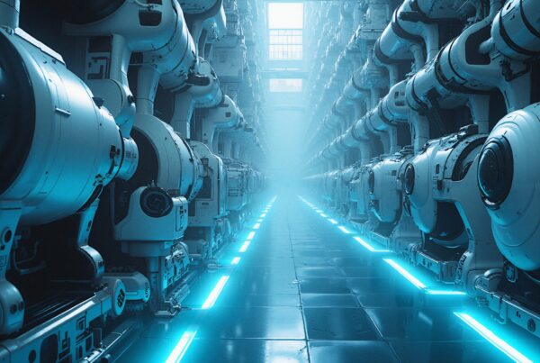 Futuristic corridor with glowing blue lights and machines.