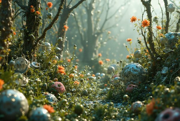 Surreal forest scene with orange flowers and mysterious spheres softly illuminated by morning light.