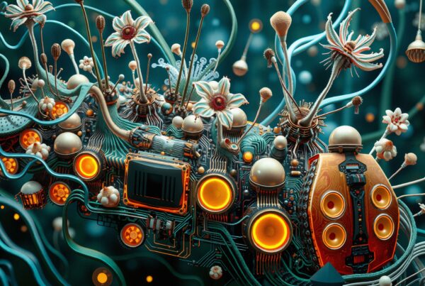 Imaginative depiction of futuristic botanical circuitry with vibrant colors and surreal elements.