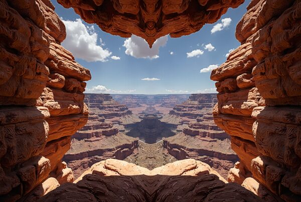 A symmetrical view of a canyon framed by reddish rock formations under a blue sky with clouds.