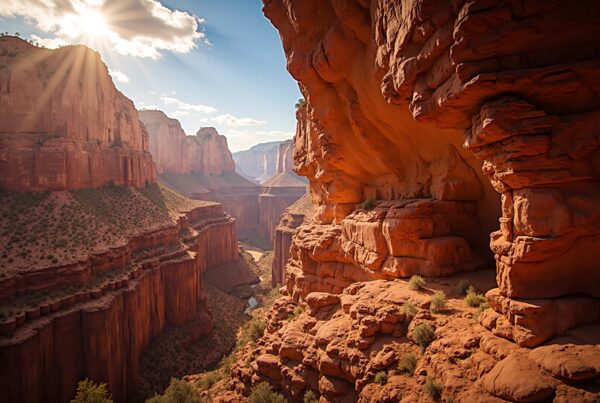 A breathtaking canyon landscape illuminated by sunlight, showcasing warm tones and rugged rock formations.