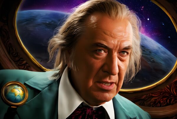 Portrait of an older man with intense expression set against a cosmic space background.