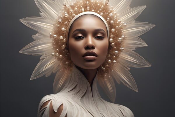 Ethereal woman with ornate headpiece and fashion.
