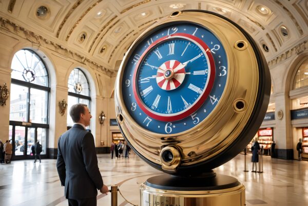 Elegant hall with large ornate clock and arched windows.