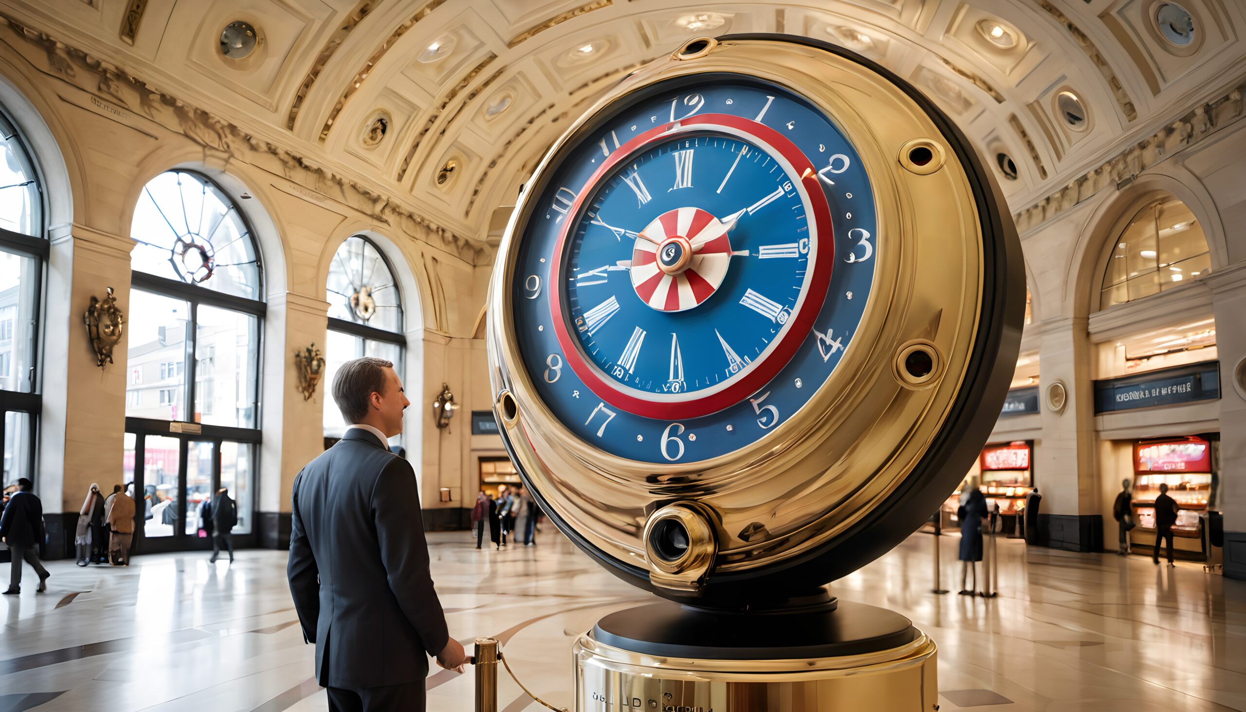 Grand Clock in Bustling Hall
