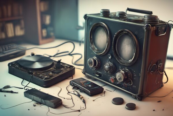 Vintage audio equipment setup with an amplifier, turntable, and scattered controls on a white table.