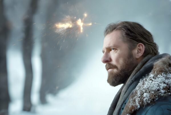 Man in fur coat stands thoughtfully in snowy forest, with light spark in background.