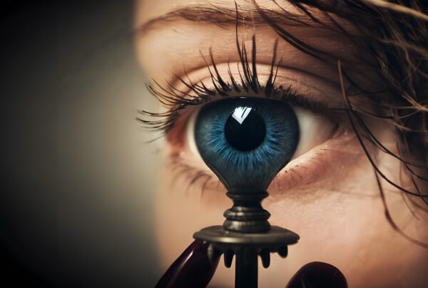 A close-up of a blue eye and key symbolizing mystery and intrigue.