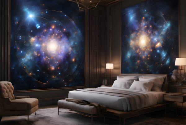 Luxurious bedroom featuring cosmic-themed artwork on walls, creating a serene and modern atmosphere.