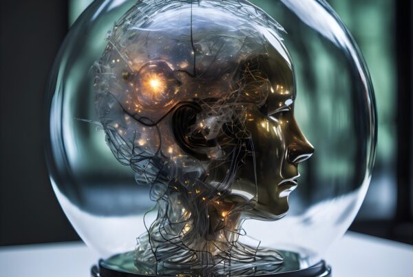 Futuristic glass sphere encasing a glowing, high-tech head.