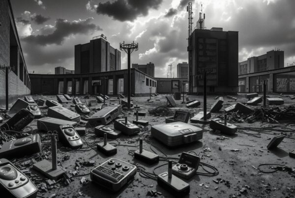 Monochromatic image of abandoned rooftop covered in obsolete electronics under overcast sky.