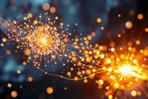 Digital abstraction of glowing nodes connected by lines, symbolizing connectivity and energy flow.