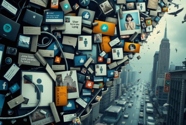 A collage of social media imagery spilling into a cityscape.