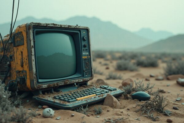An old computer left abandoned in the desert, partially buried in sand, surrounded by rocks and sparse vegetation, illustrating the theme of technological obsolescence amidst a barren landscape.