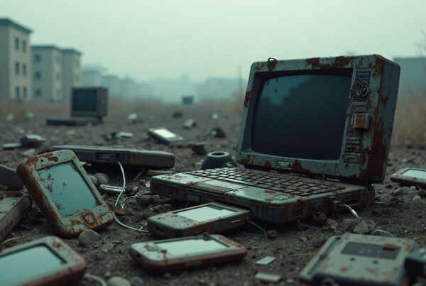 Aged electronic devices scattered amid decay.