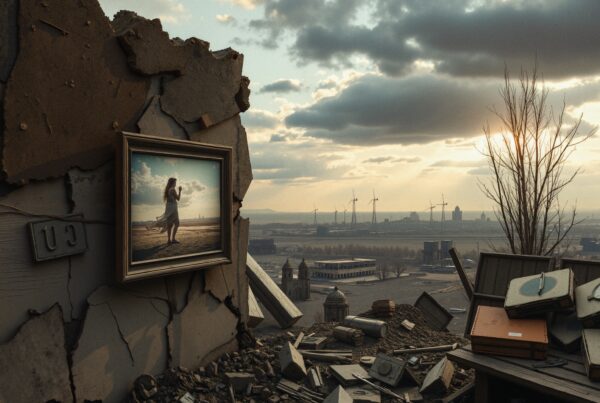 An urban landscape of decay with debris and a vibrant framed photograph, contrasted by distant wind turbines under a clouded sky.