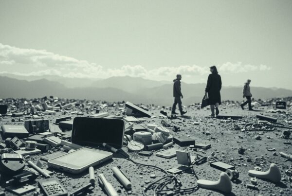 A barren landscape strewn with electronic waste, featuring three figures walking, highlighting environmental impact.
