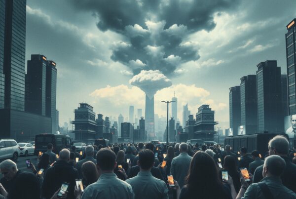 A city street scene with a crowd holding smartphones while a mushroom cloud looms overhead, highlighting themes of disaster and technology engagement.