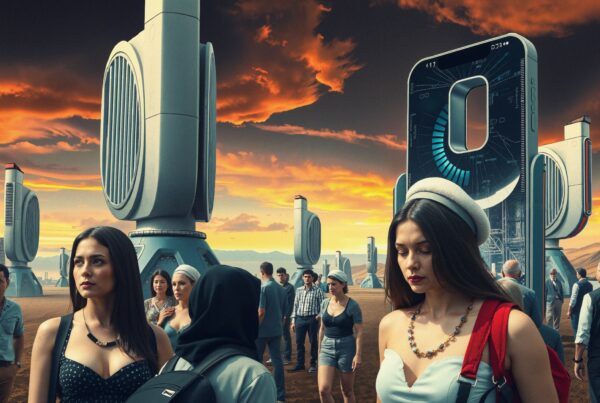 Futuristic city with dramatic sunset sky showcasing towering structures and diverse people.