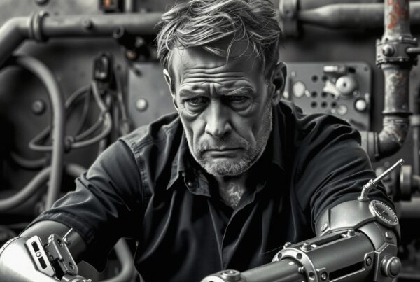 Man with mechanical arms against industrial machinery background.