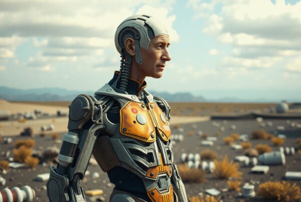 A humanoid robot in a desolate desert landscape with scattered debris, showcasing a futuristic and mechanical design.
