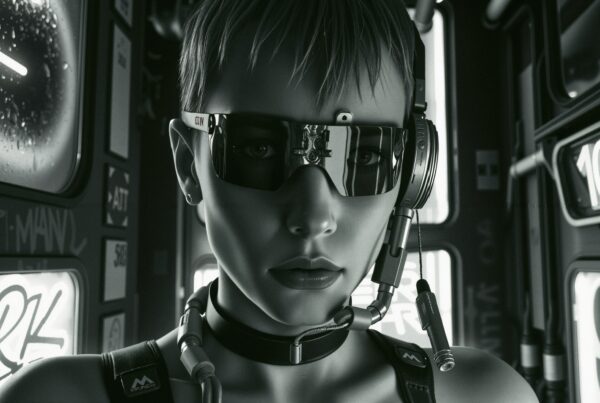 Futuristic woman with visor goggles in a high-tech setting.