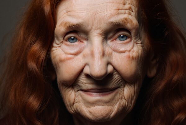Close-up portrait of an elderly woman with red hair, blue eyes, and a serene expression, showcasing natural aging beauty.