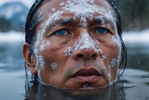 A man with blue eyes and frost-covered face submerged in icy water.