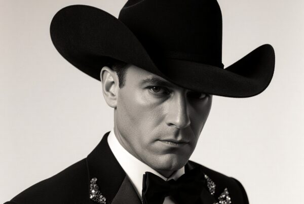 Black and white portrait of a man in a sequined blazer and cowboy hat, blending western and formal fashion styles.