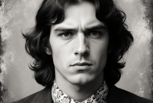 Vintage black and white portrait of a man in a floral shirt and suit, displaying an intense expression.