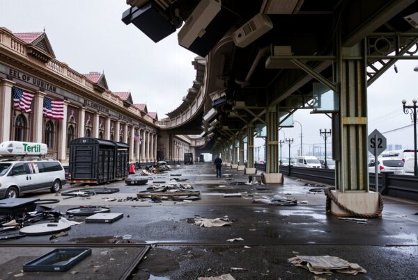 A neglected urban street with scattered debris under a busy overpass, showcasing contrasting elements of decay and historical architecture.