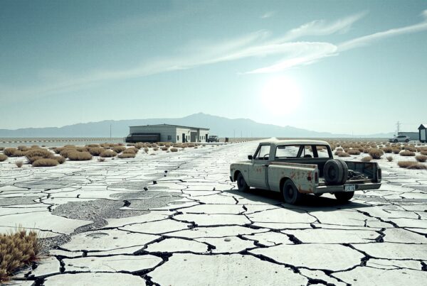 A vintage car parked on a cracked desert road under a bright sun in a remote landscape.