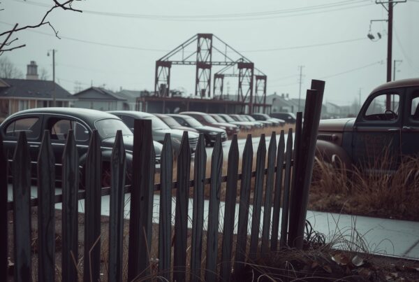 Vintage cars parked behind fence.