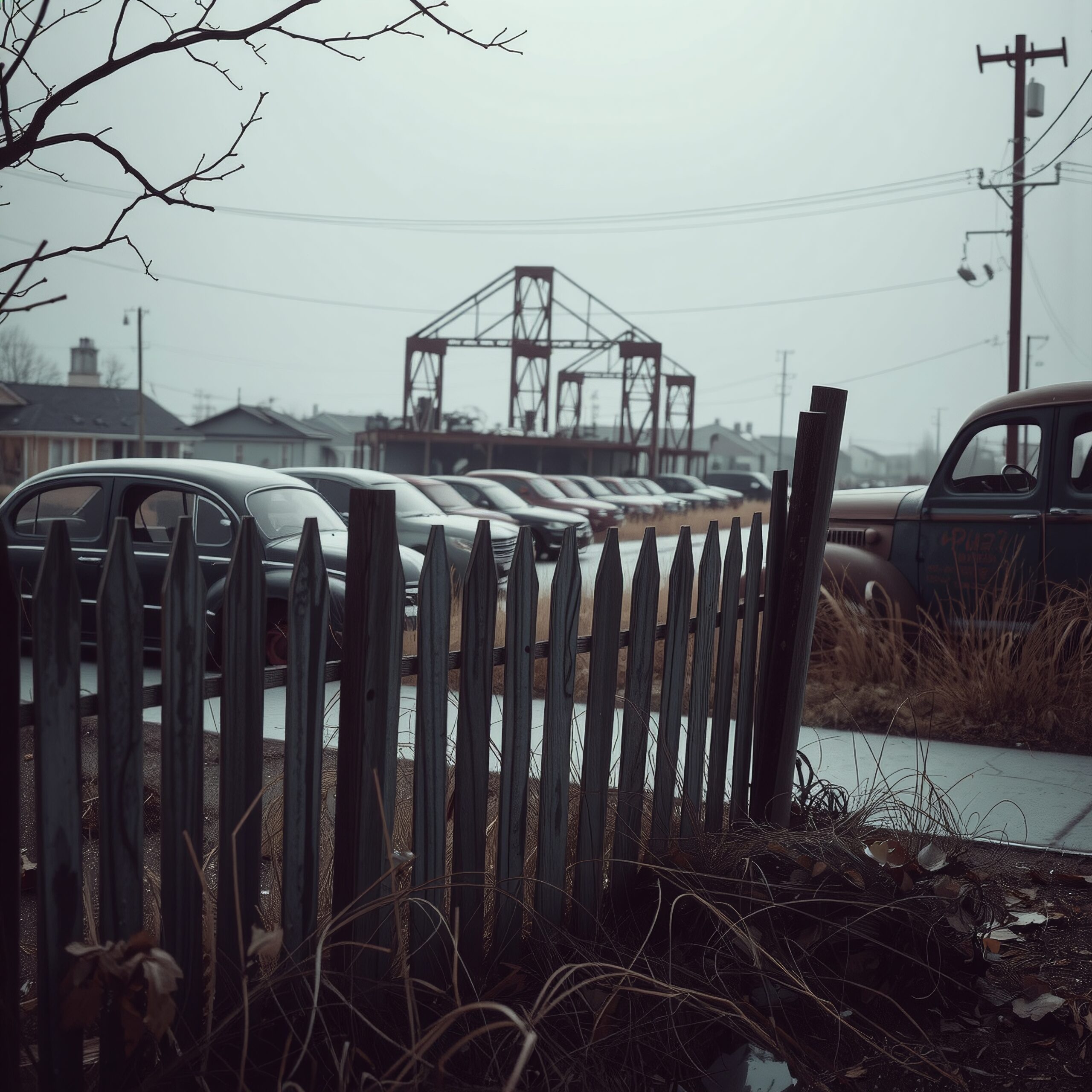 Abandoned street with vintage cars