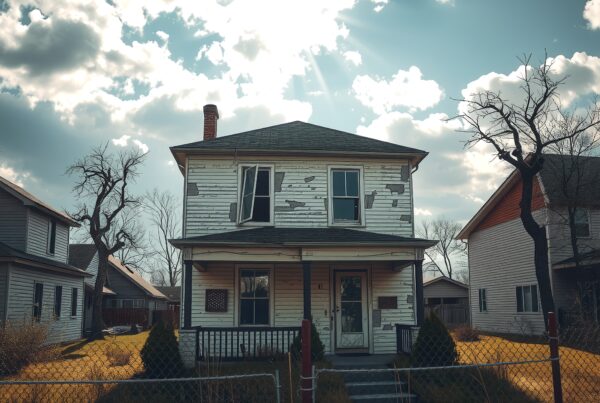 An old house with peeling paint under a bright sky with sun rays streaming through clouds, surrounded by a rustic yard and chain-link fence.