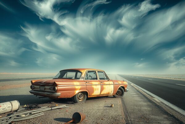 A rusty vintage car sits abandoned on a desolate roadside, under swirling clouds.